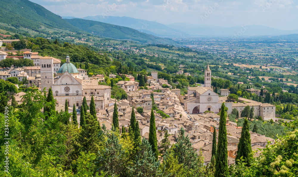 Panoramic view in Assis with San Rufino Cathedral and Santa Chiara Basilica. Umbria, Italy.
