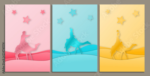 Christmas time. Three kings in paper cut style design in three pastel colors. Modern design.