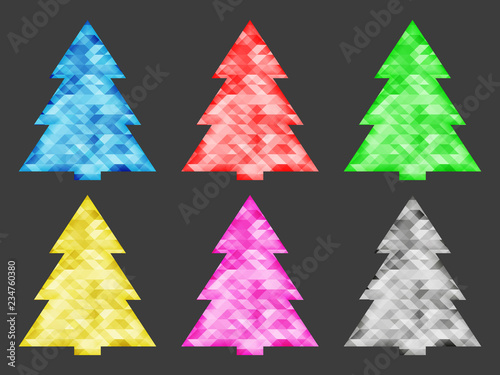 Collection of abstract Christmas trees of different colors. Shiny, precious stones. Vector illustration. Isolated image.