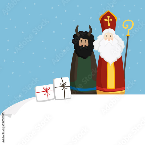 Cute St. Nicholas with devil, gift boxes and falling snow. Christmas invitation, greeting card. Flat kids design. Vector illustration, web banner with blank paper. Winter background.