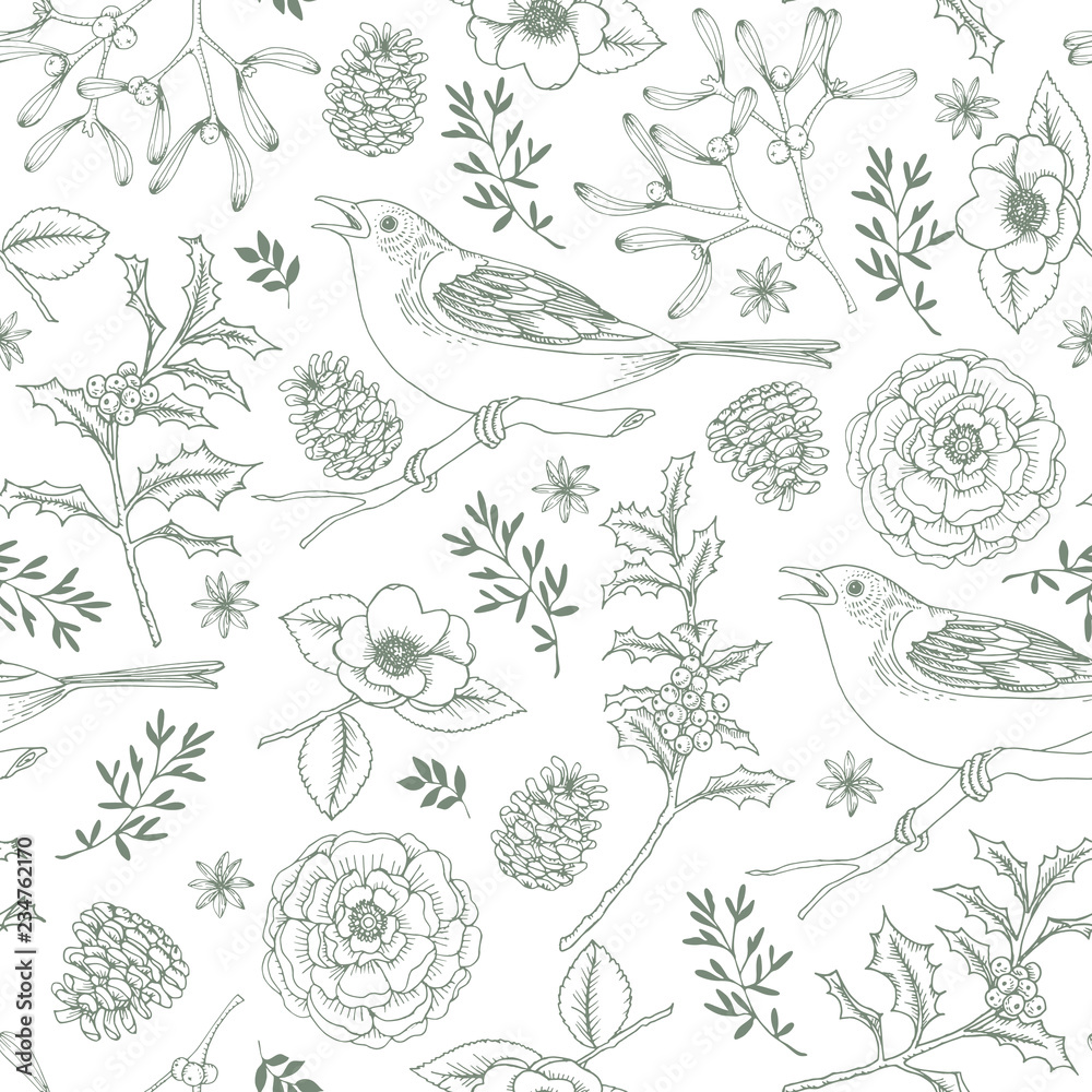 Fototapeta premium Elegant hand drawn Christmas seamless pattern with birds, holly berries, mistletoe, roses and pine cones. Winter vintage engraving design. Vector illustration background.