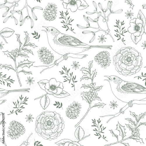 Elegant hand drawn Christmas seamless pattern with birds, holly berries, mistletoe, roses and pine cones. Winter vintage engraving design. Vector illustration background.