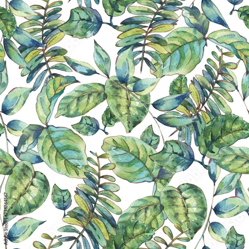 Watercolor seamless exotic pattern with tropical leaves,