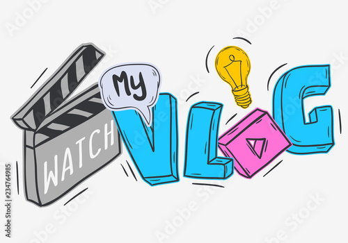 Vlog Video Blog Social Media Cartoon Style Design Watch My Vlog Call To Action Vector Graphic