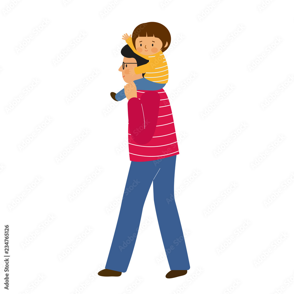 A man holds a girl on his shoulders. Father and daughter walk together. The child sits on his father's shoulders and waving. A man holds a girl on his shoulders. Father and daughter walk together. The child sits on his father's shoulders and waving.