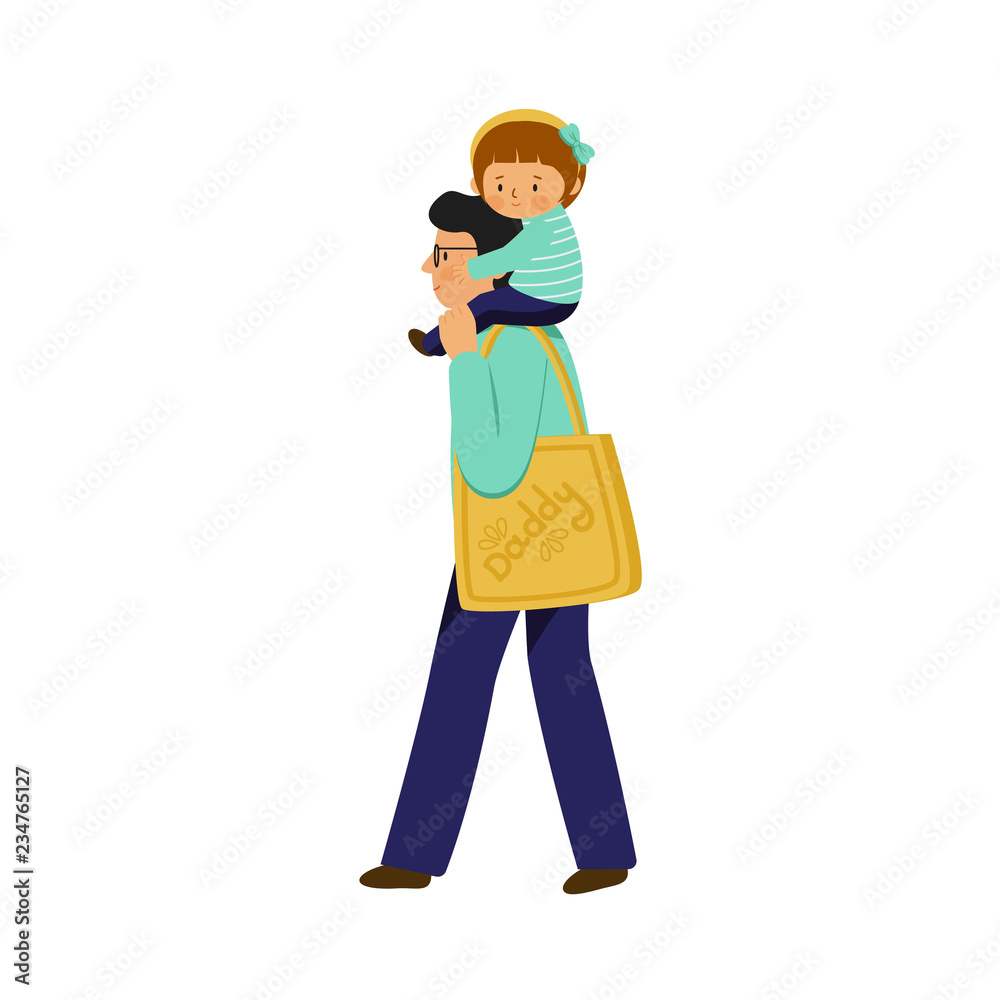 A young man with glasses is carrying a child. Girl sitting on the shoulders of a guy. 