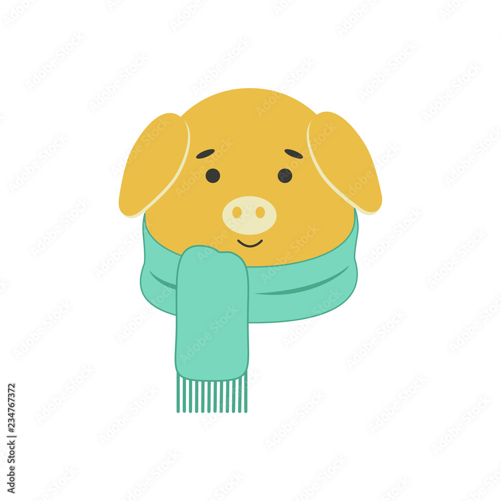 Fototapeta premium Funny little piggy in a scarf. Pig's head in cartoon style. 