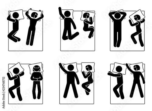 Stick figure man and woman laying in bed position set. Different sleeping postures