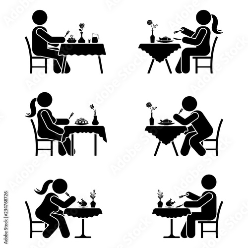 Stick figure eating pictogram set. Man and woman alone at the restaurant