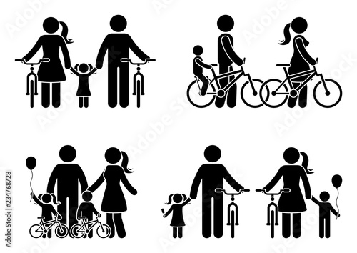 Stick figure family with bike pictogram. Mother, father and kids spending time together