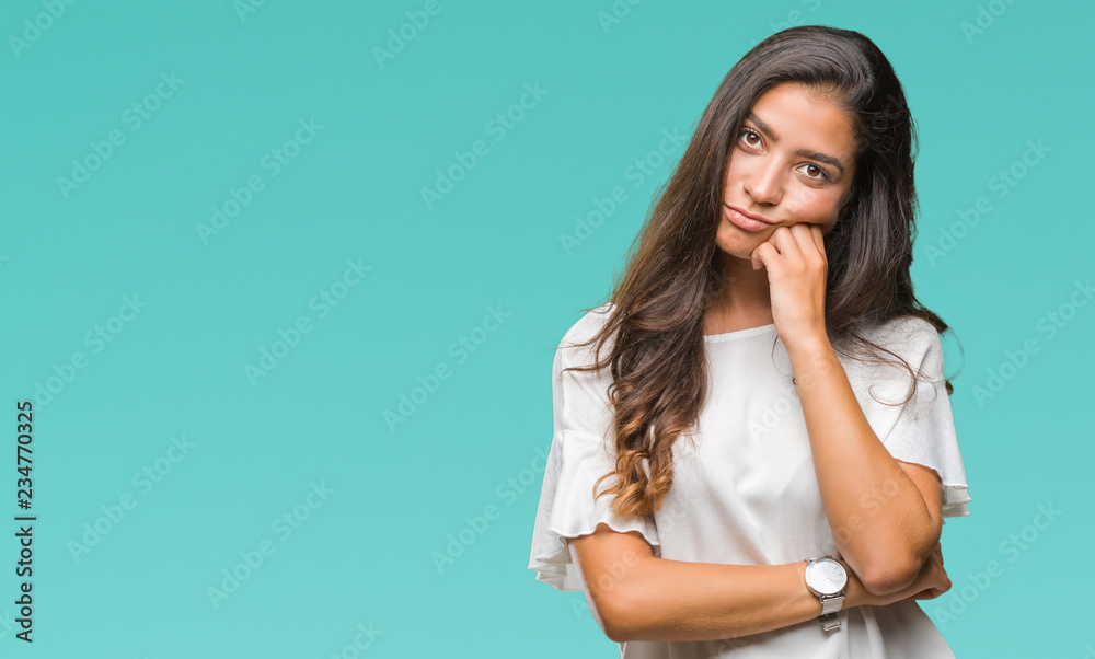 Young beautiful arab woman over isolated background thinking looking tired and bored with depression problems with crossed arms. Young beautiful arab woman over isolated background thinking looking tired and bored with depression problems with crossed arms.