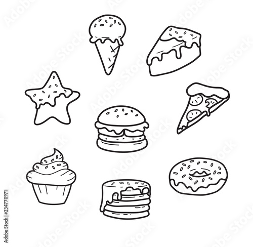 Party junk food lines cute drawing: pizza, cupcake, ice cream, gingerbread, burger, pancakes, donut, cake. Vector isolated. Illustration