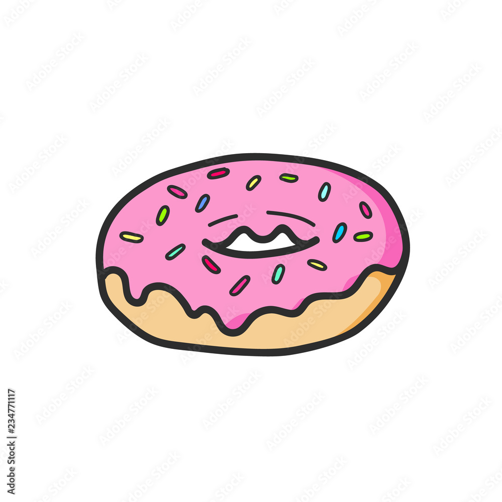 Cute pink donut drawing. Junk food. Vector isolated. Illustration Cute pink donut drawing. Junk food. Vector isolated. Illustration