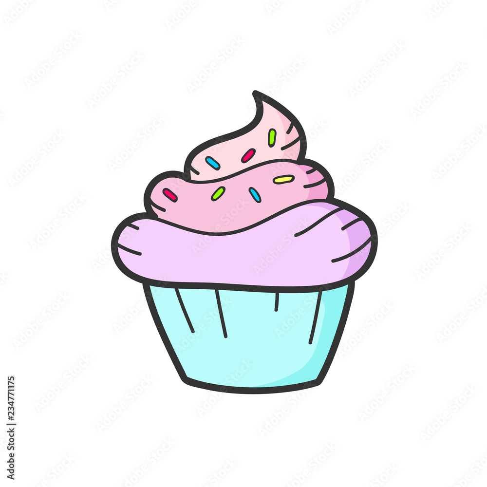 Cute pink cupcake drawing. Junk food. Vector isolated. Illustration. Cute pink cupcake drawing. Junk food. Vector isolated. Illustration.