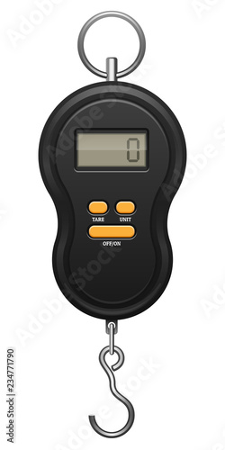 Black electronic device with orange buttons, metal hook and ring. Digit zero on screen display. Steelyard balance for weighing. Determination of weight. EPS10 vector illustration on wite background.