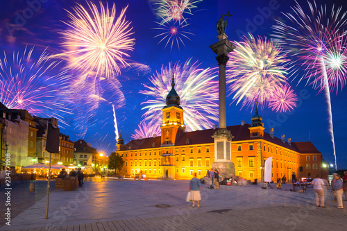 Fireworks display over The Royal Castle square of Warsaw, Poland