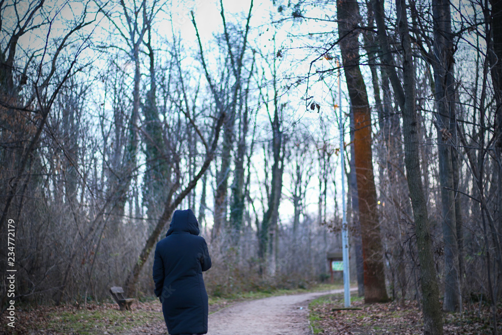 Woman is walking through forest in wintertime. Alone woman is going in cold day