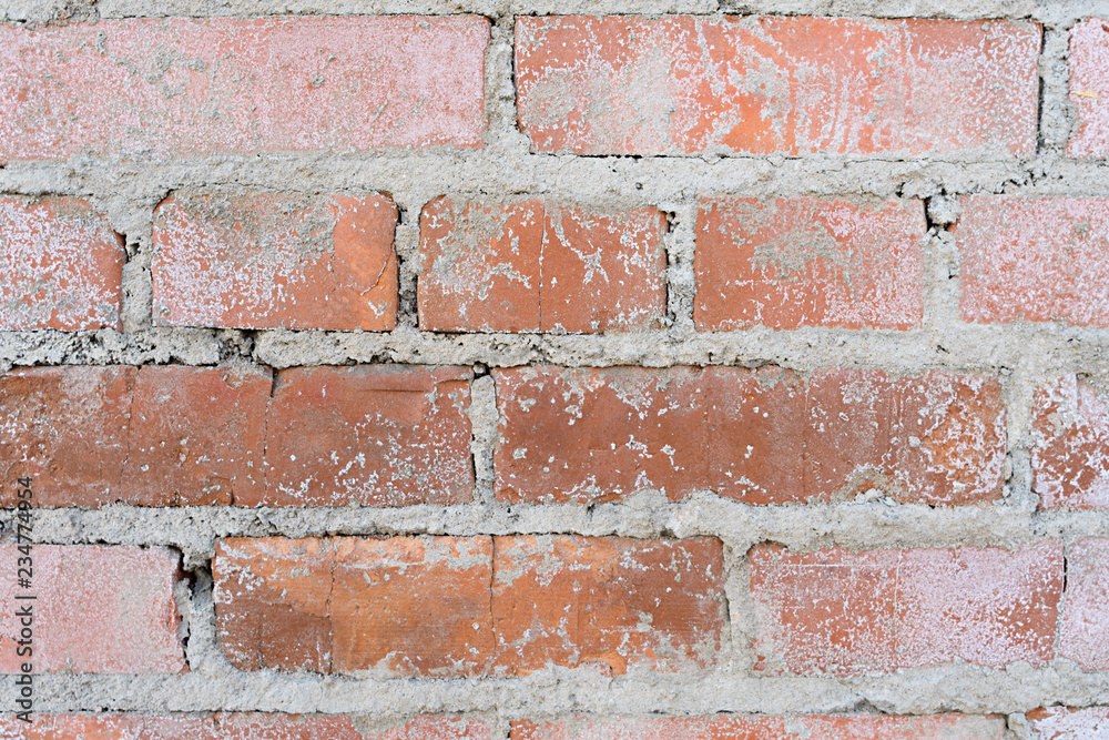 Old brickwork in very bad condition at four rows, close-up