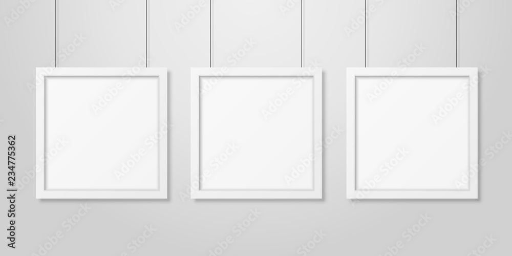 Three Vector Realistic Modern Interior White Blank Square Wooden Poster Picture Frame Set Hanging on the Ropes on White Wall Mock-up. Empty Poster Frames Design Template for Mockup, Presentation