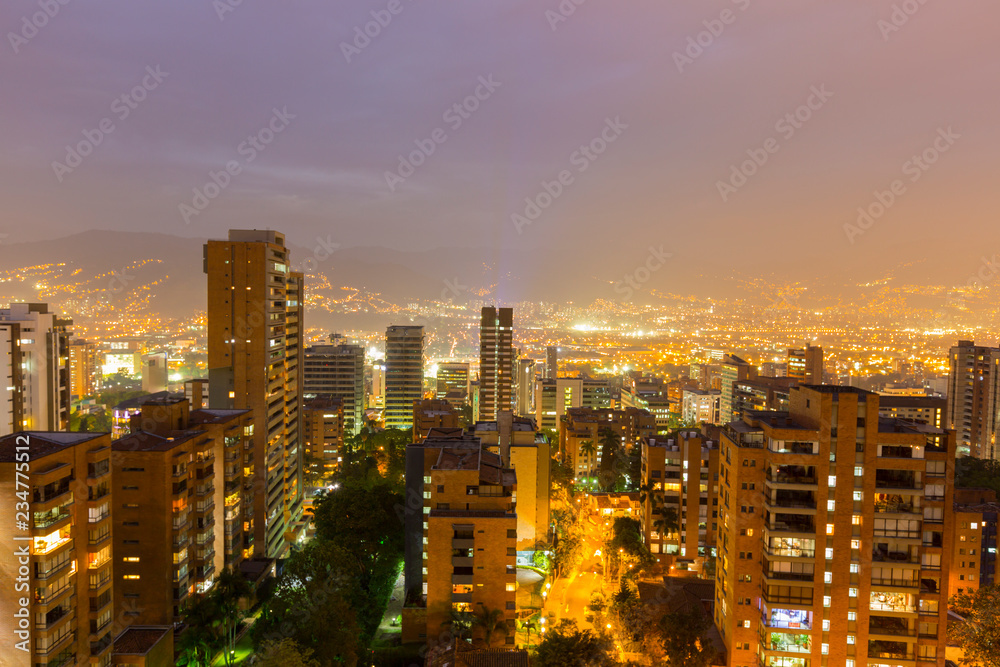 Cityscape of Medellin at night, Colombia