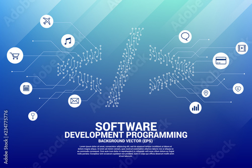 Vector dot connect line circuit board style software development programming tag icon. Concept Concept for Programming language technology and coding.