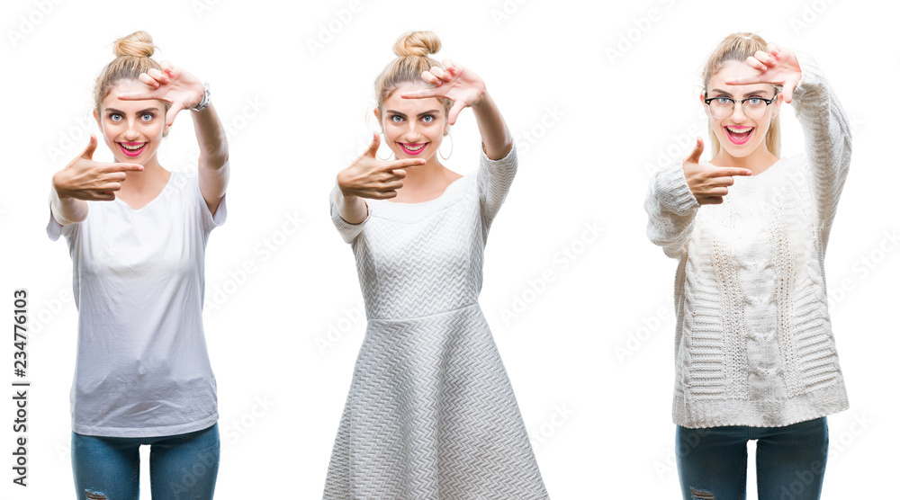 Collage of young beautiful blonde woman over white isolated background smiling making frame with hands and fingers with happy face. Creativity and photography concept. Collage of young beautiful blonde woman over white isolated background smiling making frame with hands and fingers with happy face. Creativity and photography concept.