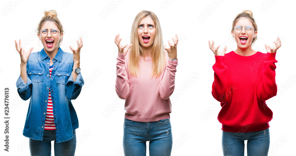 Fototapeta premium Collage of young beautiful blonde woman over isolated background crazy and mad shouting and yelling with aggressive expression and arms raised. Frustration concept.