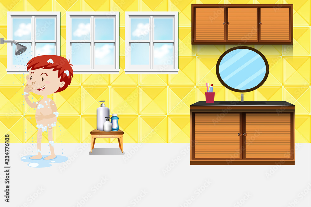 Obraz premium A boy taking a shower