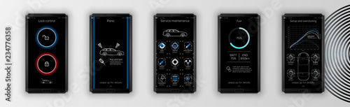 Security system smart car. the smart car sends information about its status to the smart phone .  smartphone application to control the smart car by internet. VECTOR