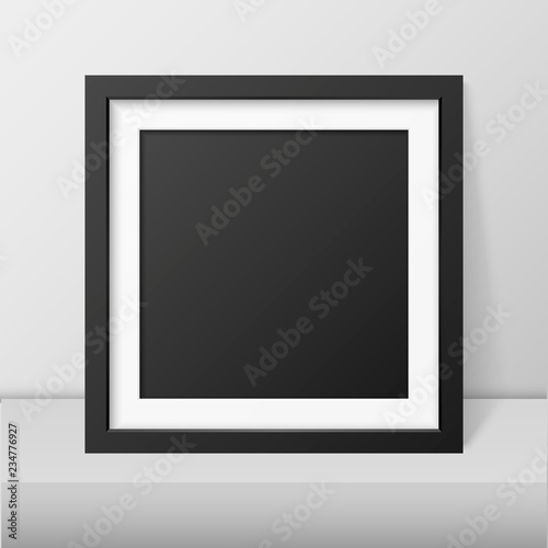 Vector 3d Realistic Modern Interior Black Blank Vertical Square Wooden Poster Picture Frame on Table  Shelf Closeup on White Wall  Mock-up. Empty Poster Frame Design Template for Mockup  Presentation