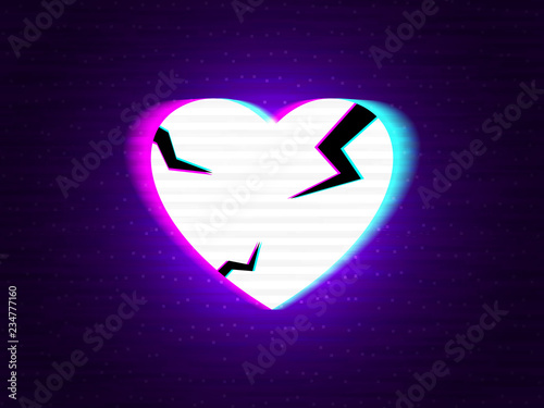 Glitch heart broken. Distorted neon love on modern background. Glitched stereo shape with double exposure. Abstract creative element for card, banner, poster. White cracked heart. Vector illustration