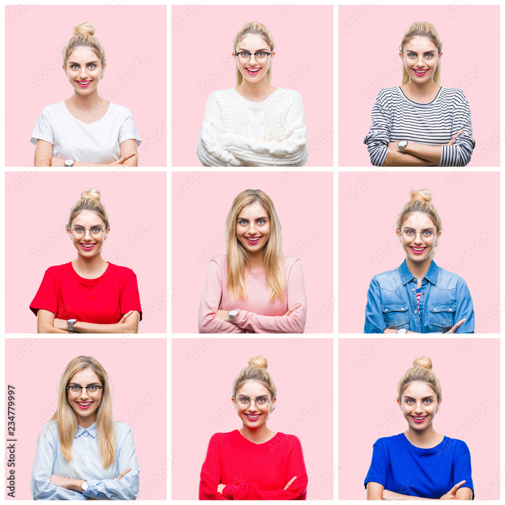 Fototapeta premium Collage of young beautiful blonde woman over pink isolated background happy face smiling with crossed arms looking at the camera. Positive person.