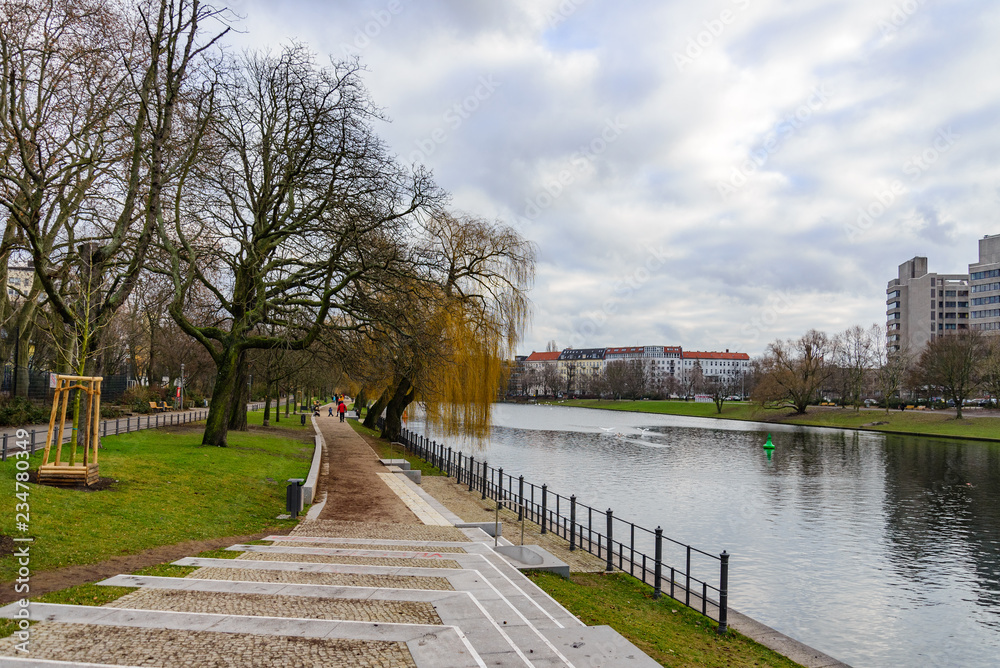 Berlin Riverside View of riverside, river bank, waterside and walking street beside ...