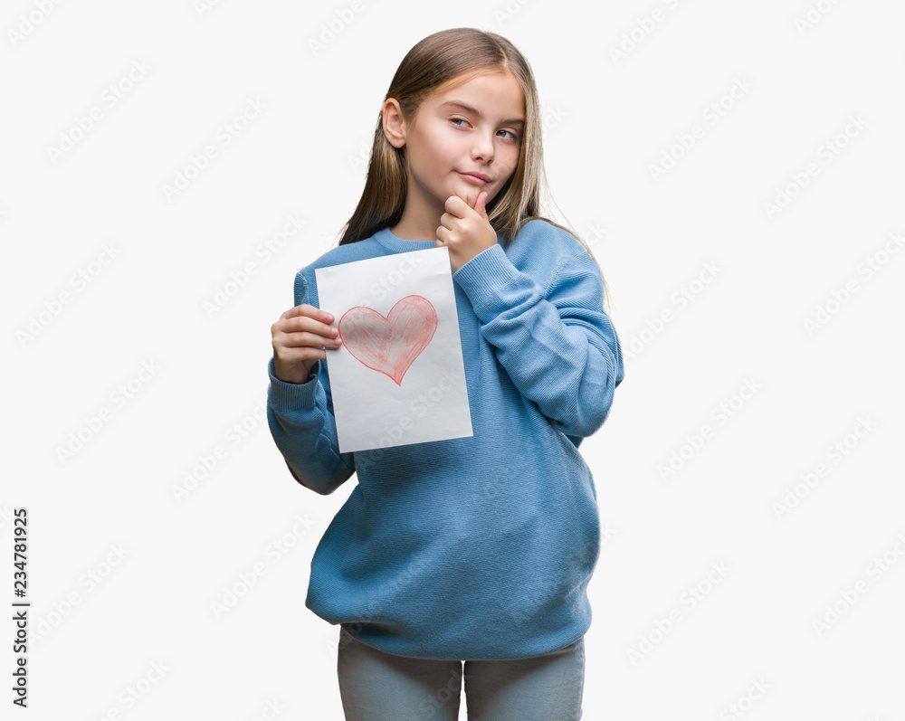 Young beautiful girl giving mother father day card with red heart over isolated background serious face thinking about question, very confused idea Young beautiful girl giving mother father day card with red heart over isolated background serious face thinking about question, very confused idea