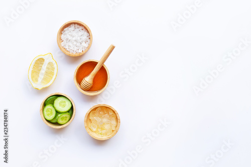 Aloe vera  lemon  cucumber  salt  honey. Natural ingredients for homemade skin care on white background. Copy space
