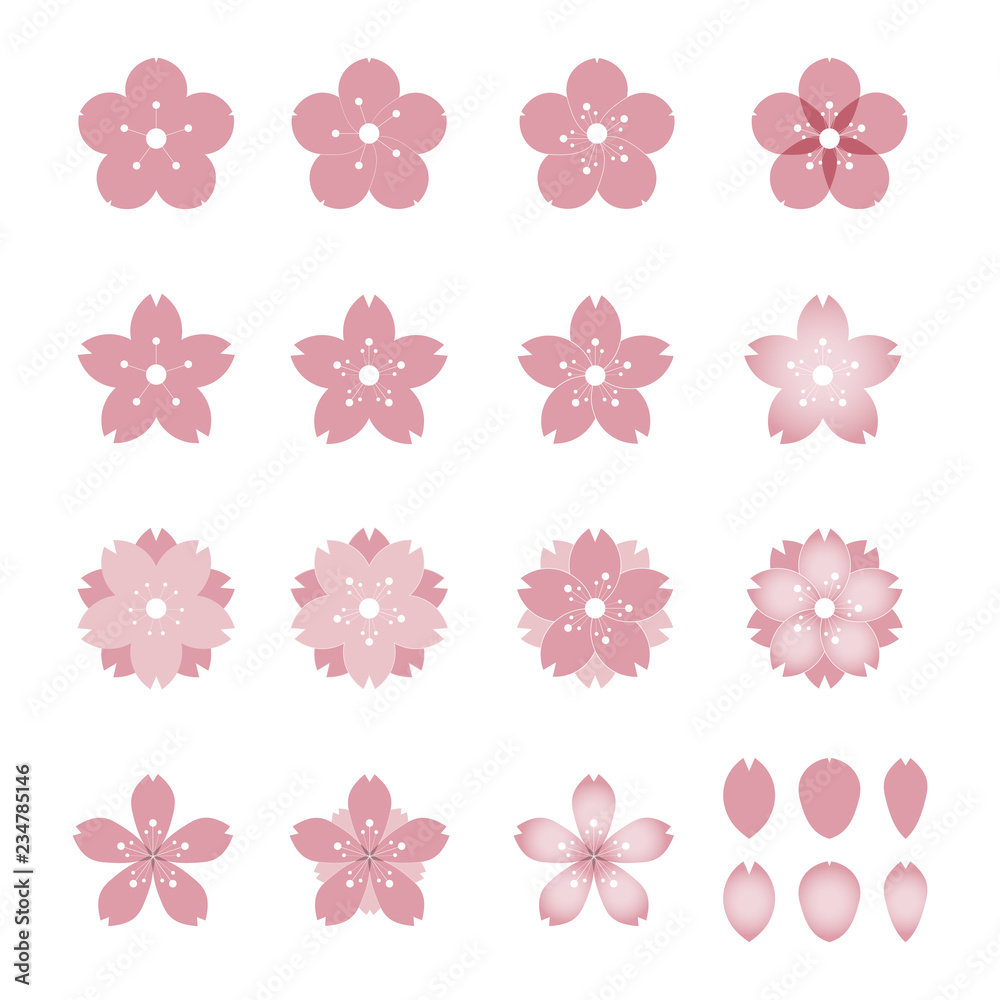 Fototapeta premium Sakura, cherry blossom - set of 15 spring flower and petal icons, vector