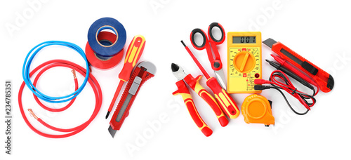 Electrician s professional tool set on white background  top view