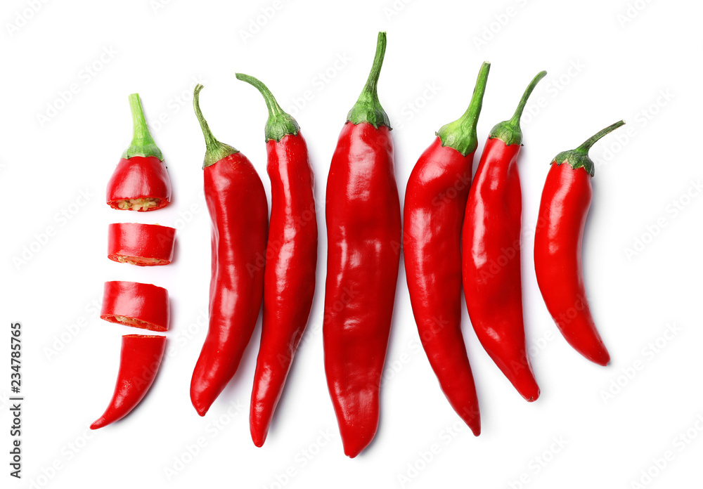 Fresh red chili peppers on white background, top view Fresh red chili peppers on white background, top view