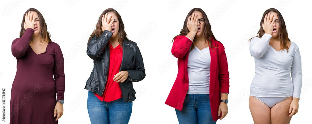 Collage of beautiful plus size woman over isolated background Yawning tired covering half face, eye and mouth with hand. Face hurts in pain. Collage of beautiful plus size woman over isolated background Yawning tired covering half face, eye and mouth with hand. Face hurts in pain.