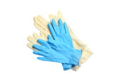 Different protective gloves on white background, top view. Medical item