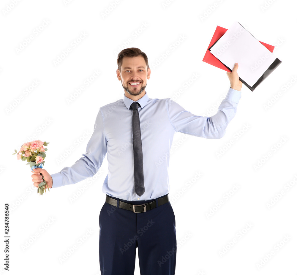 Portrait of businessman with documents and flowers on white background. Combining life and work Portrait of businessman with documents and flowers on white background. Combining life and work