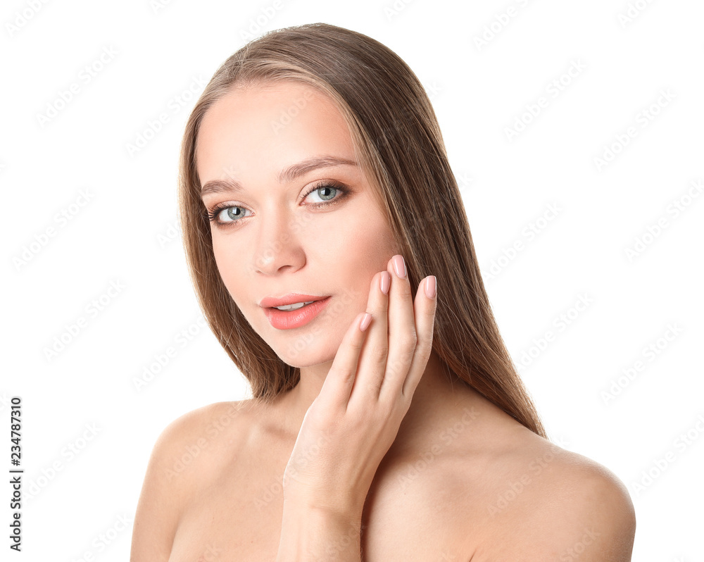 Portrait of beautiful young woman with natural makeup on white background Portrait of beautiful young woman with natural makeup on white background