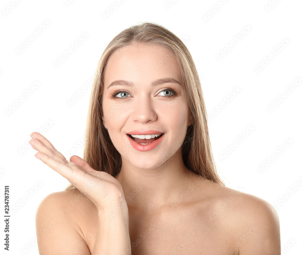Portrait of beautiful young woman with natural makeup on white background Portrait of beautiful young woman with natural makeup on white background