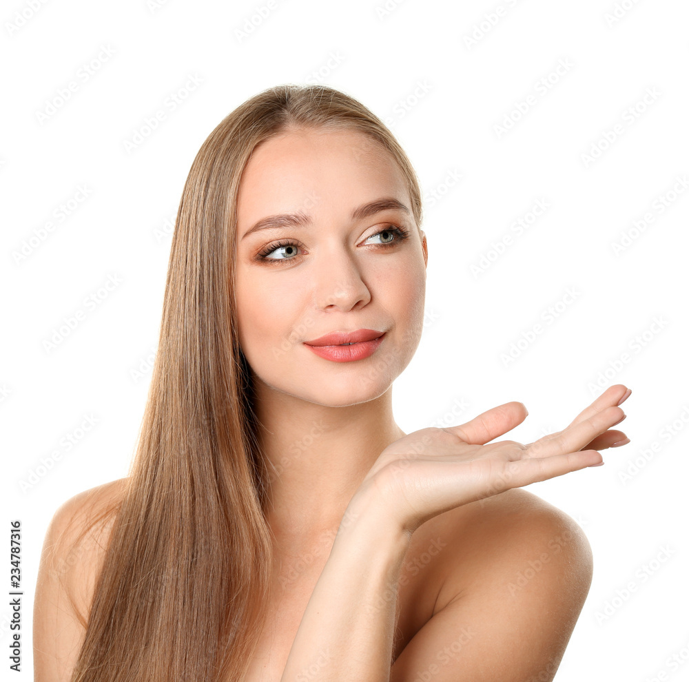 Portrait of beautiful young woman with natural makeup on white background Portrait of beautiful young woman with natural makeup on white background