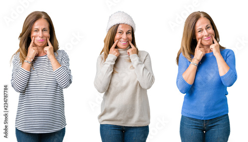 Collage of beautiful middle age woman over isolated background Smiling with open mouth, fingers pointing and forcing cheerful smile