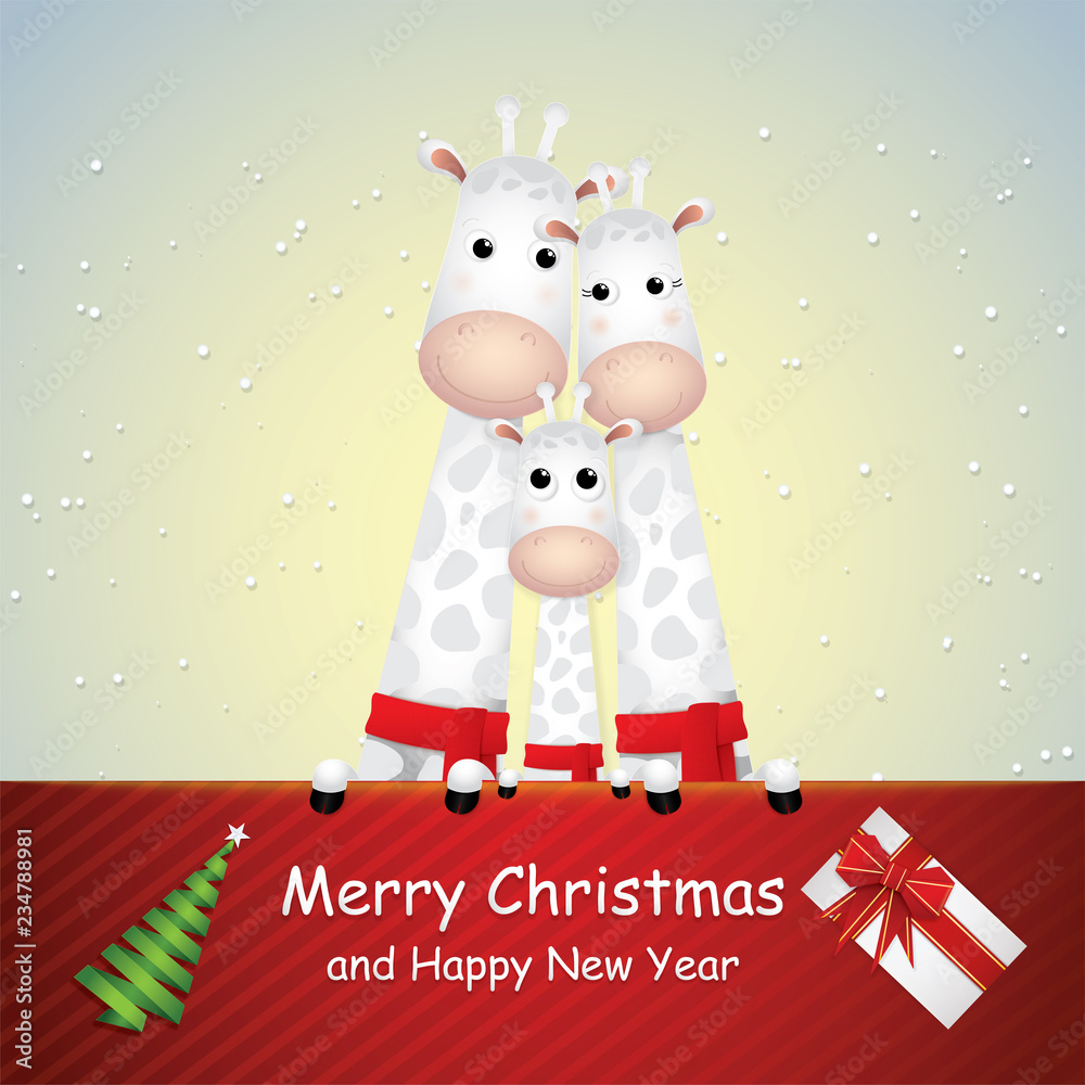 Naklejka premium Cute cartoon,Giraffes family and gift card in snow for winter season.
