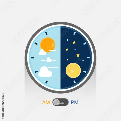 Day and night in clock pattern. Day night concept with sun and moon on blue and dark sky.
