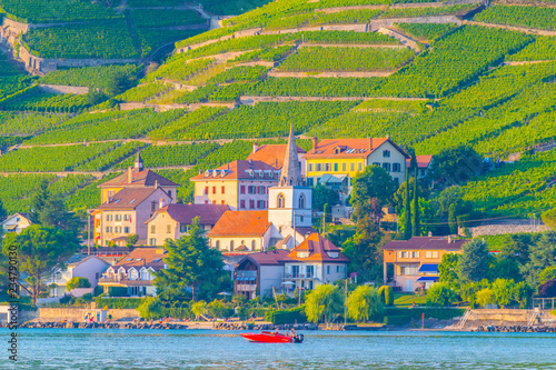 Photography Villette village situated on bank of Geneva lake in Switzerland