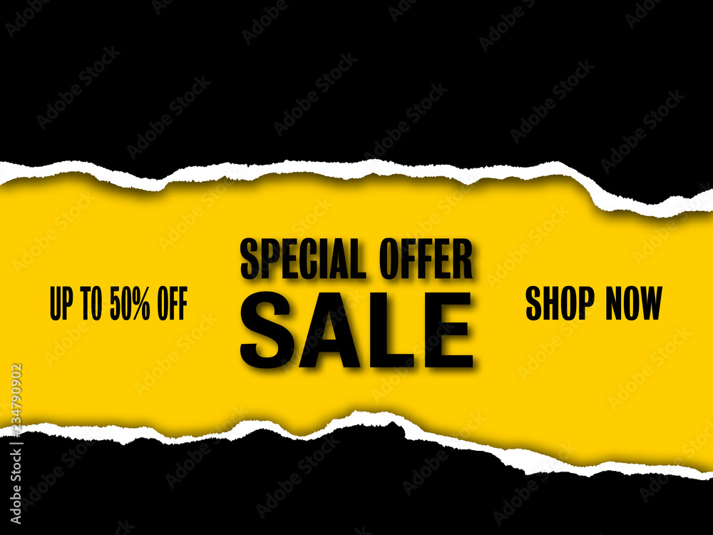 Sale banner with realistic ripped paper background. Vector illustration, template design for special offer posters, banners, flyer, invitation or web 