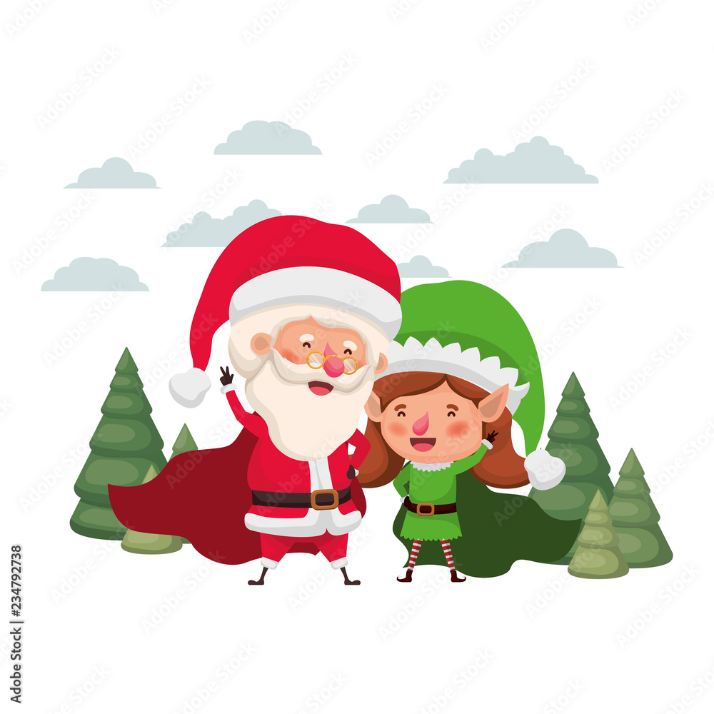 santa claus with elf woman moving with christmas trees santa claus with elf woman moving with christmas trees